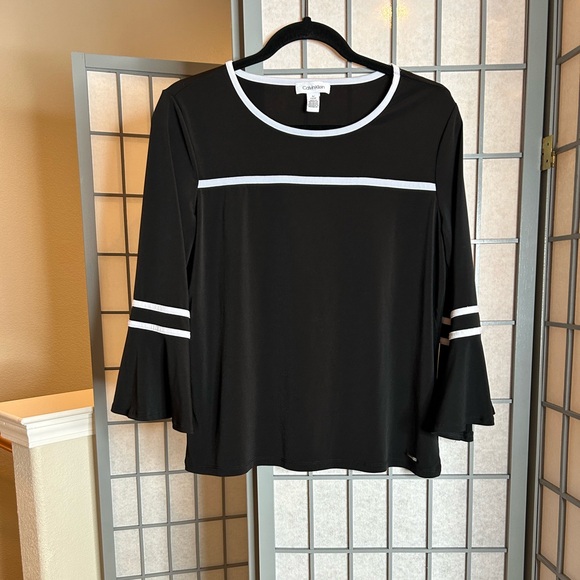 Calvin Klein Tops - Calvin Klein Black Top with White Trim and Bell Sleeves